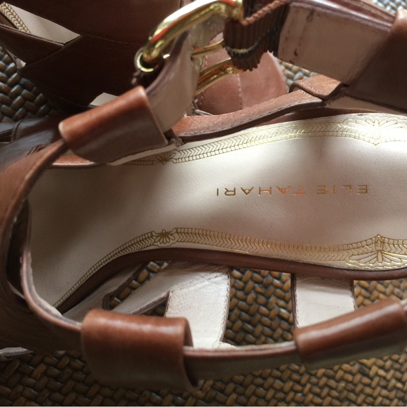 Ellie Tahari Brown Leather Peep Toe Sandals High Heels 9 1/2 - Picture 7 of 12